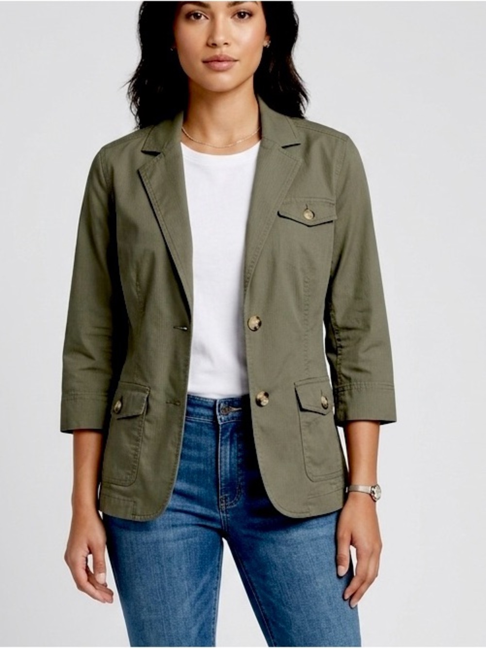 Eddie Bauer Utility Olive Green Utility Blazer Jacket with 3/4 Sleeves SZ 12